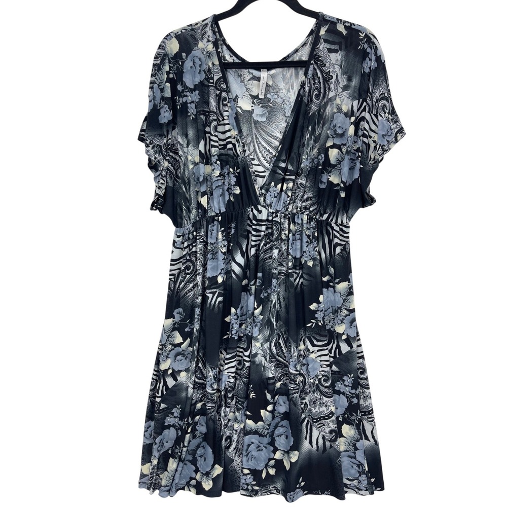Mi Manchi Black Blue Floral Animal Print Dress L Vintage 90s Y2K Empire Waist